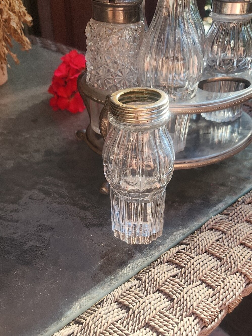 Vintage Silver Condiment Carousel with Clear Glass Bottles - Picture 16 of 16